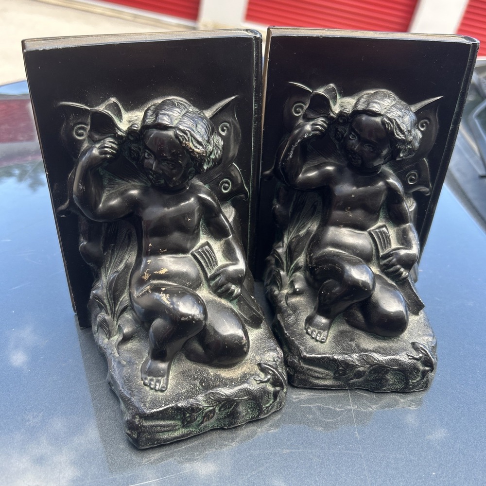 Ronson Cherub Butterfly Frog Heavy Cast Metal Black Bookends Circa 1924 Pair